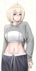  azur_lane bataan_(azur_lane) black_pants blonde_hair blue_eyes breasts commentary_request crop_top female grey_hoodie highres hood hoodie jakqbigone large_breasts long_sleeves looking_at_viewer midriff navel pants parted_lips shirt short_hair solo stomach upper_body white_shirt 