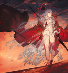  anklet armlet bare_shoulders belly_chain body_markings bracelet breasts cleavage cloud cloudy_sky colored_skin dress durga_(fate) earrings fate/grand_order fate_(series) female gold_trim gradient_skin gradient_sky grey_hair hair_ribbon indian_clothes jewelry large_breasts long_hair looking_at_viewer off_shoulder orange_sky pelvic_curtain petals polearm red_eyes red_robe red_skin revealing_clothes ribbon robe sari sash sky snake solo spear starshadowmagician thighs thumb_ring twilight very_long_hair wading water weapon white_dress 