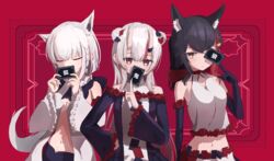  3girls allium animal_ear_fluff animal_ears ayafubumi_(hololive) black_gloves black_hair braid card closed_eyes commentary_request double_bun elbow_gloves extra_ears fox_ears fox_girl gloves hair_between_eyes hair_bun hair_ornament hairclip highres holding holding_card hololive horns long_hair looking_at_viewer midriff multicolored_hair multiple_girls nakiri_ayame navel ookami_mio red_eyes red_hair shirakami_fubuki shirt sidelocks single_braid skin-covered_horns streaked_hair virtual_youtuber white_hair white_shirt wolf_ears wolf_girl yellow_eyes 