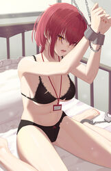  absurdres bangom_r barefoot black_bra bra breasts chained_wrists chains commentary_request cuffs feet female foot_out_of_frame handcuffs heterochromia highres hololive houshou_marine lanyard large_breasts legs navel open_mouth panties pillow red_eyes red_hair shackles short_hair sitting solo stomach thighs toenails toes torn_bra torn_clothes torn_panties underwear underwear_only virtual_youtuber wariza yellow_eyes 