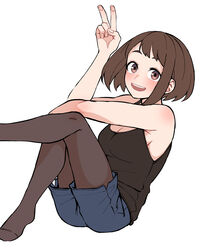  :d absurdres black_tank_top blue_shorts boku_no_hero_academia breasts brown_eyes brown_hair brown_pantyhose cleavage female hand_up highres kobaji making-of_available medium_breasts open_mouth pantyhose pantyhose_under_shorts shorts simple_background smile solo tank_top teeth upper_teeth_only uraraka_ochako v white_background 