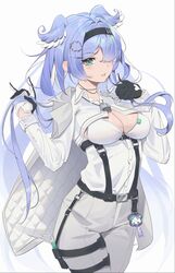  aqua_eyes bea_lenoir belt black_belt black_gloves black_headband blue_hair blue_wings breasts cleavage coat coat_on_shoulders elira_pendora elira_pendora_(4th_costume) famelira_(elira_pendora) female gloves grey_coat grey_pants hair_ornament hair_over_one_eye hairclip head_wings headband highres large_breasts long_hair nijisanji nijisanji_en one_eye_covered pants solo thigh_belt thigh_strap virtual_youtuber wings 