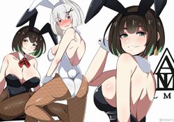  2girls absurdres allmind_(armored_core_6) animal_ears armored_core armored_core_6 ass ayre_(armored_core_6) black_hair black_leotard blush breasts character_logo colored_inner_hair detached_collar dvljoe earrings fake_animal_ears fake_tail fishnets from_behind green_eyes highres jewelry large_breasts leotard looking_at_viewer looking_back medium_breasts multicolored_hair multiple_girls multiple_views pantyhose personification playboy_bunny rabbit_ears rabbit_tail red_eyes shiny_skin short_hair simple_background smile standing strapless strapless_leotard tail triangle_earrings white_background white_hair white_leotard wrist_cuffs 