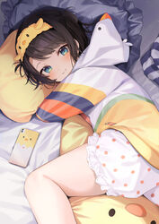  absurdres bird_hood black_hair bloomers blue_eyes blush cellphone closed_mouth commentary_request duck_hood female hairband highres hololive hugging_object long_sleeves looking_at_viewer lying official_alternate_costume on_bed on_side oozora_subaru oozora_subaru_(loungewear) phone pillow pillow_hug polka_dot polka_dot_bloomers setokane short_hair smartphone smile solo swept_bangs two_side_up underwear virtual_youtuber white_bloomers yellow_hairband 