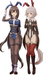  2girls absurdres adapted_costume admire_vega_(umamusume) animal_ears asymmetrical_footwear bare_shoulders black_footwear black_pantyhose blue_leotard blush boots bow brown_footwear brown_hair commentary curren_chan_(umamusume) detached_collar ear_bow ear_covers fake_animal_ears full_body gloves grey_hair grin hair_between_eyes hanba_agu highleg highleg_leotard highres horse_ears horse_girl horse_tail jacket leotard long_hair long_sleeves low_ponytail mismatched_footwear multiple_girls necktie nontraditional_playboy_bunny off-shoulder_jacket off_shoulder open_clothes open_jacket open_mouth pantyhose purple_eyes red_bow red_thighhighs short_hair simple_background single_ear_cover smile striped_clothes striped_leotard tail thighhighs umamusume very_long_hair white_background white_footwear white_gloves white_necktie 