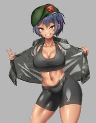  absurdres beret bike_shorts black_hair breasts camouflage camouflage_jacket collarbone female green_hat hat highres hitch_(perotoss) jacket large_breasts looking_at_viewer military_jacket navel open_clothes open_jacket open_mouth original sergeant_joo sharp_teeth smile solo sweat tan tank_top teeth thighs toned w yellow_eyes 