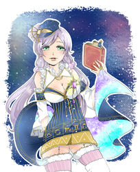  aquarius_(symbol) blue_headwear blush book breasts bridal_gauntlets cancer_(symbol) cleavage commentary_request constellation constellation_costume constellation_print cowboy_shot detached_sleeves female fur-trimmed_thighhighs fur_trim garter_straps gemini_(constellation) gemini_(symbol) green_eyes hair_ornament hair_scrunchie highres holding holding_book idol idol_clothes kashikaze large_breasts libra_(symbol) long_hair looking_at_viewer love_live! love_live!_school_idol_festival love_live!_school_idol_project low_twintails open_mouth outline pink_thighhighs purple_hair purple_scrunchie scorpio_(symbol) scrunchie solo star_(symbol) thighhighs tojo_nozomi twintails white_outline wide_sleeves zettai_ryouiki 