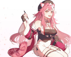  animal_ear_fluff animal_ears artist_glove ascot beret black_gloves black_hat black_tube_top breasts cleavage collared_vest female gloves hat holding holding_pen hololive hololive_english jacket large_breasts looking_at_viewer multicolored_hair nail_polish open_clothes open_jacket open_mouth panther_ears panther_girl panther_tail pen pink_hair pink_jacket pink_nails raora_panthera shorts smile solo strapless streaked_hair tail thigh_strap thighhighs tube_top vest virtual_youtuber white_ascot white_background white_hair white_shorts white_thighhighs white_vest y0ake yellow_eyes 