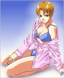  1990s_(style) barefoot blue_background blue_bra blue_panties bra female long_sleeves looking_at_viewer lowres nakamura_masumi non-web_source off_shoulder official_art panties partially_unbuttoned pink_shirt retro_artstyle seiza shirt short_hair sitting smile solo underwear yamada_masaki zenkoku_seifuku_bishoujo_grand_prix 