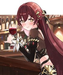  alcohol arin_(1010_ssu) black_sleeves blush brown_eyes brown_hair closed_mouth commentary_request cup detached_sleeves drinking_glass eden_(honkai_impact) female from_side hair_between_eyes highres holding holding_cup honkai_(series) honkai_impact_3rd juliet_sleeves long_hair long_sleeves looking_at_viewer looking_to_the_side puffy_sleeves smile solo very_long_hair wine wine_glass 