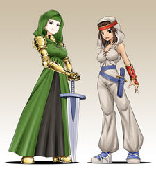  2girls armor armored_boots boots breasts brown_eyes brown_hair cleavage dagger dark-skinned_female dark_skin dress final_fantasy final_fantasy_tactics full_body gauntlets gradient_background green_robe headband hiro_yoshinaka holding holding_sword holding_weapon holster hood knife lips looking_at_viewer medium_breasts meliadoul_tengille multiple_girls open_mouth pants rapha_galthena red_headband robe save_the_queen shadow smile sword weapon white_footwear white_pants yellow_armor 