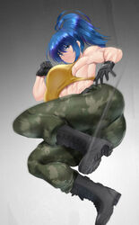  black_gloves blue_eyes blue_hair boots breasts camouflage camouflage_pants combat_boots crop_top earrings female gloves highres jewelry koucha_indian large_breasts leona_heidern muscular muscular_female pants ponytail rider_kick sleeveless soldier solo the_king_of_fighters the_king_of_fighters_xv 