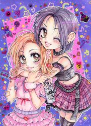  2000s_(style) 2girls belt black_hair bracelet can choker ear_piercing earrings gyaru highres hug jewelry komatsu_nana lipstick looking_at_viewer makeup multiple_girls nail_polish nana_(series) necklace oceaninspace osaki_nana piercing punk short_hair skirt 