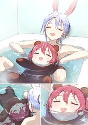  2girls absurdres aged_down alternate_costume animal_costume animal_ear_fluff animal_ears bathing bathtub bear_costume blue_eyes blue_hair commentary eyelashes feet_out_of_frame floating hair_between_eyes highres hololive houshou_kumarine houshou_marine multiple_girls nude oerba_yun_fang open_mouth partially_submerged rabbit_ears red_hair same-sex_bathing shared_bathing short_eyebrows sidelocks sleeping thick_eyebrows twintails usada_pekora virtual_youtuber yami_ara 