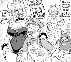  2boys 2girls absurdres bb_(baalbuddy) bowsette bracelet breasts cleavage collar collarbone commentary crown dress earrings english_commentary english_text facial_hair gloves greyscale hat height_difference highres horns jewelry knuckles_the_echidna large_breasts leotard long_hair looking_at_another mario mario_(series) meme meta monochrome moustache multiple_boys multiple_girls new_super_mario_bros._u_deluxe overalls princess_peach puffy_short_sleeves puffy_sleeves sharp_teeth short_sleeves smile sonic_(series) speech_bubble sphere_earrings spiked_bracelet spiked_collar spikes standing stubble super_crown sweatdrop teeth tongue tongue_out ugandan_knuckles 