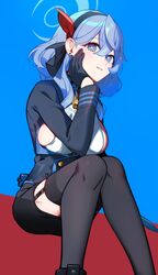  ako_(blue_archive) bell black_gloves black_skirt black_thighhighs blue_archive blue_eyes blue_hair blue_halo ear_piercing feet_out_of_frame female gloves hair_between_eyes halo highres long_hair long_sleeves neck_bell piercing purple_hair sideless_shirt sitting skirt solo thighhighs yuura 