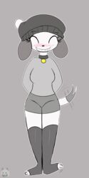  2d_animation animated anthro beanie black_clothing black_legwear black_stockings black_thigh_highs blush blush_lines breasts canid canine canis closed_eyes clothed clothing collar domestic_dog eyelashes female female/female fifi_(somemf) floppy_ears frame_by_frame fur grey_clothing grin hair hat headgear headwear hi_res legwear loop mammal miyang_draws! motion_lines short_playtime signature simple_background slim small_breasts small_waist smile solo standing stockings tail tail_motion tailwag thigh_highs watermark white_body white_fur 