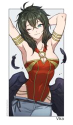  ;) absurdres armlet armpits arms_up bare_shoulders black_hair black_wings blue_eyes breasts character_name cleavage collarbone commentary commission cowboy_shot feathers female fire_emblem fire_emblem:_radiant_dawn grey_pants highres long_hair looking_at_viewer low_wings medium_breasts o-ring o-ring_top one_eye_closed pants pixiv_commission silvercandy_gum smile solo standing vika_(fire_emblem) wings 