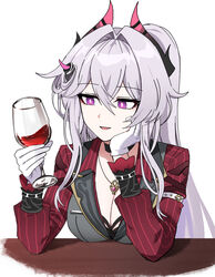  breasts bright_pupils cleavage cup female gloves grey_hair highres holding holding_cup honkai_(series) honkai_impact_3rd jewelry lix_(iroiro3843) long_hair medium_breasts necklace purple_eyes red_suit suit thelema_(honkai_impact) upper_body very_long_hair white_gloves white_pupils 