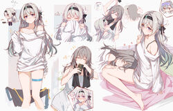  3girls ^_^ absurdres bare_legs bare_shoulders barefoot black_hairband bra_strap chibi closed_eyes commentary firefly_(honkai:_star_rail) grey_hair hairband highres honkai:_star_rail honkai_(series) long_hair long_sleeves looking_at_viewer multiple_girls multiple_views off-shoulder_shirt off_shoulder purple_eyes shirt silver_wolf_(honkai:_star_rail) sitting smile standing stelle_(honkai:_star_rail) symbol-only_commentary thigh_strap trailblazer_(honkai:_star_rail) very_long_hair white_shirt yajuu 