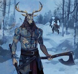  2023 abs anthro antlers axe clothed clothing cloud deer duo fingers hair hi_res holding_axe holding_object horn lljh male mammal muscular muscular_anthro outside pecs plant sky snow tattoo tree white_body 