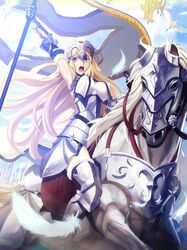  animal aora arm_up armor armored_dress armpits artist_name blonde_hair blue_eyes breasts chains fate/apocrypha fate_(series) feathers female flag gauntlets greaves headpiece highres horse horseback_riding jeanne_d&#039;arc_(fate) jeanne_d&#039;arc_(third_ascension)_(fate) large_breasts long_hair looking_at_viewer open_mouth polearm riding solo spear weapon white_feathers yellow_eyes 