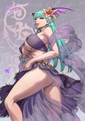  animal_print aqua_hair arabian_clothes ass bare_shoulders bat_print bat_wings bikini breast_curtains breasts cleavage commission contrapposto covered_nipples cross_edge demon_girl dress earrings female flower from_below from_side fujii_eishun green_eyes green_hair hair_flower hair_ornament harem_outfit head_wings highres jewelry large_breasts lips lipstick long_hair looking_at_viewer makeup morrigan_aensland navel no_panties parted_lips pelvic_curtain purple_wings revealing_clothes sideways_glance skeb_commission smile solo spread_legs standing swimsuit thank_you underboob vampire_(game) wings 