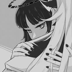  2girls arknights artist_name blunt_bangs broken_halo close-up commentary dark_halo eblana_(arknights) english_commentary eyelashes fingernails from_behind greyscale halftone halo hand_up hands_on_another&#039;s_back highres hime_cut holding hug jacket long_hair looking_at_viewer mole mole_under_eye monochrome multiple_girls nail_polish portrait sidelocks sihzari simple_background straight_hair twitter_username very_long_hair virtuosa_(arknights) yuri 