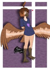  anthro arc_rose arms_behind avian beak blind bottomless clothed clothing digital_drawing_(artwork) digital_media_(artwork) disability feet female hi_res shirt shirt_only simple_background solo talons toes topwear topwear_only vanilla_(arcrose) wings 