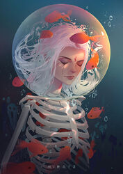  artist_name bubble chin closed_eyes closed_mouth commentary english_commentary facial_mark female fish flame_tattoo floating_hair forehead_mark ghost goldfish helm helmet liquid_from_eyes long_hair marking_on_cheek mina_fz. original realistic red_lips skeleton solo thick_eyebrows too_many too_many_fish underwater upper_body white_hair 