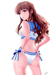  alternate_costume artist_name asaitori ass blush breasts brown_hair dated female hattori_toko highres idolmaster idolmaster_cinderella_girls looking_at_viewer looking_back median_furrow medium_breasts sailor_bikini sailor_collar sailor_swimsuit_(idolmaster) simple_background solo white_background 