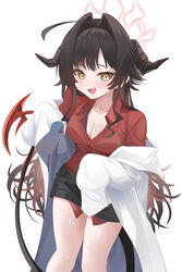  ahoge bad_id bad_pixiv_id black_hair black_horns black_shorts black_tail blue_archive blush breasts cleavage coat collarbone collared_shirt commentary_request demon_horns feet_out_of_frame female hair_intakes halo horns kasumi_(blue_archive) lab_coat long_hair looking_at_viewer medium_breasts mujinbensin oerba_yun_fang open_mouth partial_commentary red_halo red_shirt shirt shirt_tucked_in shorts simple_background skin_fang sleeves_past_fingers sleeves_past_wrists smile solo tail white_background white_coat yellow_eyes 