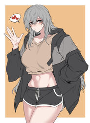  absurdres black_jacket black_shorts border breasts brown_shirt closed_mouth collarbone commission crop_top dogs_(dlrkdejr26) dolphin_shorts female grey_eyes grey_hair hair_between_eyes hand_in_pocket hand_up highres hood hood_down hooded_jacket jacket korean_commentary large_breasts long_hair long_sleeves looking_at_viewer midriff navel open_clothes open_hand open_jacket orange_background original shirt shorts simple_background solo thighs upper_body white_border 