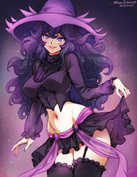  alternate_breast_size artist_name breasts clothes_lift commentary cosplay crop_top cropped_shirt curly_hair dated female garter_straps hair_between_eyes halloween hat hex_maniac_(pokemon) large_breasts lifting_own_clothes light_particles long_hair midriff mina_cream miniskirt mismagius mismagius_(cosplay) nail_polish navel open_mouth pokemon pokemon_xy purple_eyes purple_hair purple_hat skirt skirt_lift sky smile solo thighhighs thighs turtleneck wavy_hair witch witch_hat 