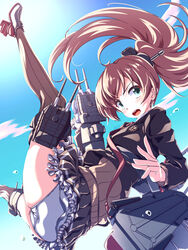  547th_sy adapted_turret anti-aircraft_gun ass blazer blue_eyes blue_sky brown_cardigan brown_hair brown_jacket brown_skirt brown_thighhighs cannon cardigan cloud female highres jacket kantai_collection kumano_(kancolle) kumano_kai_ni_(kancolle) long_hair looking_at_viewer machinery panties ponytail school_uniform skirt sky solo sun thighhighs turret underwear white_panties 