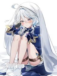  ahoge ankle_socks black_gloves blanket blue_dress blue_eyes blush closed_mouth commentary_request crying crying_with_eyes_open dress eyes_visible_through_hair female frilled_socks frills full_body furina_(genshin_impact) genshin_impact gloves grey_hair hair_between_eyes hair_intakes half_gloves hand_up highres knees_up long_sleeves looking_down panties sad short_hair sitting socks solo sorani_(kaeru0768) sound_effects tears thigh_strap under_covers underwear white_background white_panties white_socks 