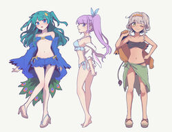  3girls animal_ears bare_shoulders barefoot bikini blue_bikini blue_coat blue_eyes blue_shorts blunt_bangs blunt_ends blush breasts brown_bikini brown_hair coat fake_animal_ears full_body green_hair hand_up high_heels holding holding_clothes jacket long_hair long_sleeves looking_at_viewer manaka_non medium_breasts mole mole_under_mouth multiple_girls navel nojima_minami off_shoulder open_clothes open_coat open_mouth peacock_feathers pretty_series pripara purple_hair rabbit_ears sandals sarong short_hair short_hair_with_long_locks shorts simple_background small_breasts smile standing swimsuit taiyo_pepper tan tsukikawa_chili two_side_up unworn_jacket white_background white_jacket yellow_eyes 