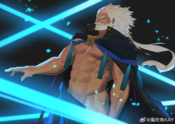  1boy abs absurdres bara bare_pectorals beard cloak dark-skinned_male dark_skin facial_hair fate/grand_order fate_(series) feet_out_of_frame from_side highres hunterkay large_pectorals light_particles long_hair male_focus mature_male moustache muscular muscular_male naked_cloak navel nipples noble_phantasm_(fate) pectorals photokinesis profile ptolemy_(fate) revealing_clothes solo stomach strongman_waist thick_beard thick_mustache thick_thighs thighs very_long_hair 