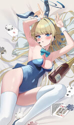  :o absurdres ace_(playing_card) ace_of_hearts animal_ears arms_up bare_shoulders blonde_hair blue_archive blue_bow blue_bowtie blue_eyes blue_hairband blue_halo blue_leotard blush bottle bow bowtie braid breasts card commentary covered_navel detached_collar fake_animal_ears female hairband halo heart highleg highleg_leotard highres instrument king_(playing_card) king_of_hearts_(playing_card) leotard long_hair looking_at_viewer lying medium_breasts music official_alternate_costume official_alternate_hairstyle on_side playboy_bunny playing_card playing_instrument poker_chip rabbit_ears rabbit_pose solo strapless strapless_leotard su2ro thighhighs thighs toki_(blue_archive) toki_(bunny)_(blue_archive) very_long_hair white_thighhighs wrist_cuffs 