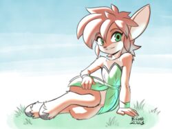  2023 4:3 4_fingers activision anthro biped brown_body brown_fur clothed clothing dress elora faun_(spyro) female fingers full-length_portrait fur grass green_eyes hair hi_res hooves leaf_clothing looking_at_viewer mammal plant portrait red_hair rongs1234 signature smile solo spyro_reignited_trilogy spyro_the_dragon year 