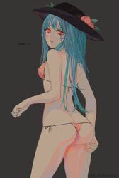  ass ass_grab bikini black_headwear blue_hair blush breasts commentary cowboy_shot english_commentary english_text female from_behind grabbing_own_ass grey_background highres hinanawi_tenshi leaf_hat_ornament long_hair looking_at_viewer medium_breasts peach_hat_ornament red_bikini red_eyes side-tie_bikini_bottom simple_background small_breasts solo string_bikini svveetberry sweatdrop swimsuit toonio_(medium) touhou 