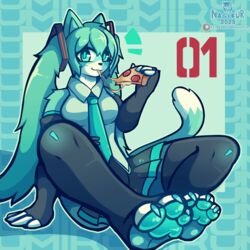  1:1 absurd_res alternate_species alternative_fashion anthro armwear biped blue_body blue_eyes blue_fur blue_hair blush bottomwear breasts canid canine clothed clothing cyberpop digital_media_(artwork) eating feet felid feline female food fur furrification hair hatsune_miku hi_res j-fashion legwear long_hair looking_at_viewer mammal nagifur necktie pawpads paws pizza shirt simple_background sitting skirt smile solo topwear twintails twintails_(hairstyle) vocaloid white_body white_fur y2k_(graphic_design) 