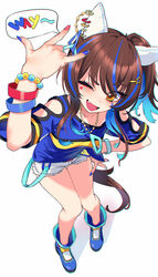  \m/ absurdres animal_ears bead_bracelet beads blue_hair blue_shirt bracelet breasts brown_hair collarbone colored_inner_hair commentary_request daitaku_helios_(umamusume) ear_covers ear_piercing facial_tattoo female fingernails full_body hair_between_eyes hair_ornament hairclip hand_on_own_hip highres horse_ears horse_girl horse_tail jewelry looking_at_viewer medium_breasts medium_hair multicolored_hair necklace oerba_yun_fang one_eye_closed open_mouth piercing sarcophage shirt shoes shorts simple_background solo speech_bubble standing streaked_hair striped_clothes striped_shirt tail tattoo umamusume white_background white_shorts yellow_eyes 