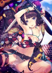  absurdres aikura_chihiro bare_shoulders bead_bracelet beads belt bikini blue_eyes bracelet breasts cleavage collarbone fate/grand_order fate_(series) female floral_print goggles goggles_on_head hair_bun hair_ornament highres jewelry katana katsushika_hokusai_(fate) katsushika_hokusai_(swimsuit_saber)_(fate) long_hair looking_at_viewer medium_breasts navel obi octopus purple_hair sash sidelocks smile swimsuit sword thigh_strap thighs tokitarou_(fate) tongue tongue_out weapon white_bikini 