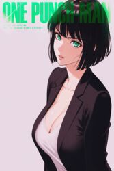  artist_name black_hair black_jacket bob_cut breasts cleavage collarbone copyright_name cover english_commentary fake_magazine_cover female fubuki_(one-punch_man) green_eyes highres jacket large_breasts looking_at_viewer magazine_cover mostlybluewyatt one-punch_man parted_lips shirt short_hair solo upper_body white_shirt 