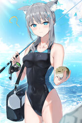  ? animal animal_ear_fluff animal_ears auui bag black_bag black_one-piece_swimsuit blue_archive blue_eyes blue_halo blurry blurry_foreground blush breasts bright_pupils caustics closed_mouth cloud collarbone commentary_request competition_swimsuit covered_navel cowboy_shot cross cross_hair_ornament day depth_of_field duffel_bag extra_ears female fish fishing_rod grey_hair groin hair_ornament hair_over_shoulder halo highleg highleg_swimsuit highres holding holding_animal holding_fish holding_fishing_rod inverted_cross lens_flare light_rays looking_at_viewer medium_breasts medium_hair mismatched_pupils ocean official_alternate_costume official_alternate_hairstyle one-piece_swimsuit outdoors over_shoulder ponytail puffer_fish shiroko_(blue_archive) shiroko_(swimsuit)_(blue_archive) shoulder_bag sidelocks solo spoken_question_mark standing straight_hair sunbeam sunlight swimsuit thighs water wolf_ears 