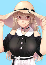  black_bow black_choker black_ribbon black_shirt blue_background blush bow breasts brown_hair brown_hat choker clothing_cutout commentary_request female furen_e_lustario furen_e_lustario_(2nd_costume) hands_up hat hat_ribbon highres jewelry large_breasts long_hair looking_at_viewer necklace nijisanji red_eyes ribbon shirt shoulder_cutout simple_background skirt smile solo torii_yoshitsuna two-tone_bow virtual_youtuber white_bow white_skirt 