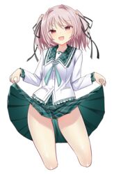  :d absurdres aqua_ribbon ass_visible_through_thighs bell black_ribbon blush carrion1129 clothes_lift collared_shirt commentary cowboy_shot eyes_visible_through_hair female frilled_shirt frills green_skirt grey_hair hair_bell hair_between_eyes hair_intakes hair_ornament hair_ribbon hapymaher head_tilt highres jingle_bell lifting_own_clothes long_ribbon long_sleeves looking_at_viewer medium_hair miniskirt naitou_maia neck_ribbon official_alternate_costume open_mouth plaid plaid_skirt pleated_skirt red_eyes ribbon school_uniform shiny_skin shirt simple_background skirt skirt_lift slit_pupils smile solo standing thighs two_side_up uniform white_background white_shirt 