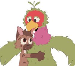  2023 abelardo_montoya anthro avian beak brown_body brown_fur brown_spots cheek_tuft cute_fangs duo facial_tuft fur gloves_(marking) green_body head_tuft hug hyena mammal mangoyena markings plaza_sesamo sesame_street simple_background smile spots spotted_hyena tuft white_background 