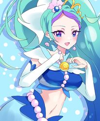  absurdres arm_warmers blue_eyes blue_hair bow breasts brooch cure_mermaid earrings female gem go!_princess_precure highres jewelry kaidou_minami long_hair looking_at_viewer magical_girl medium_breasts mermaid_dress midriff mikorin multicolored_hair navel open_mouth pearl_(gemstone) precure purple_hair shell shell_earrings shell_hair_ornament smile solo streaked_hair tiara two-tone_hair very_long_hair waist_bow 